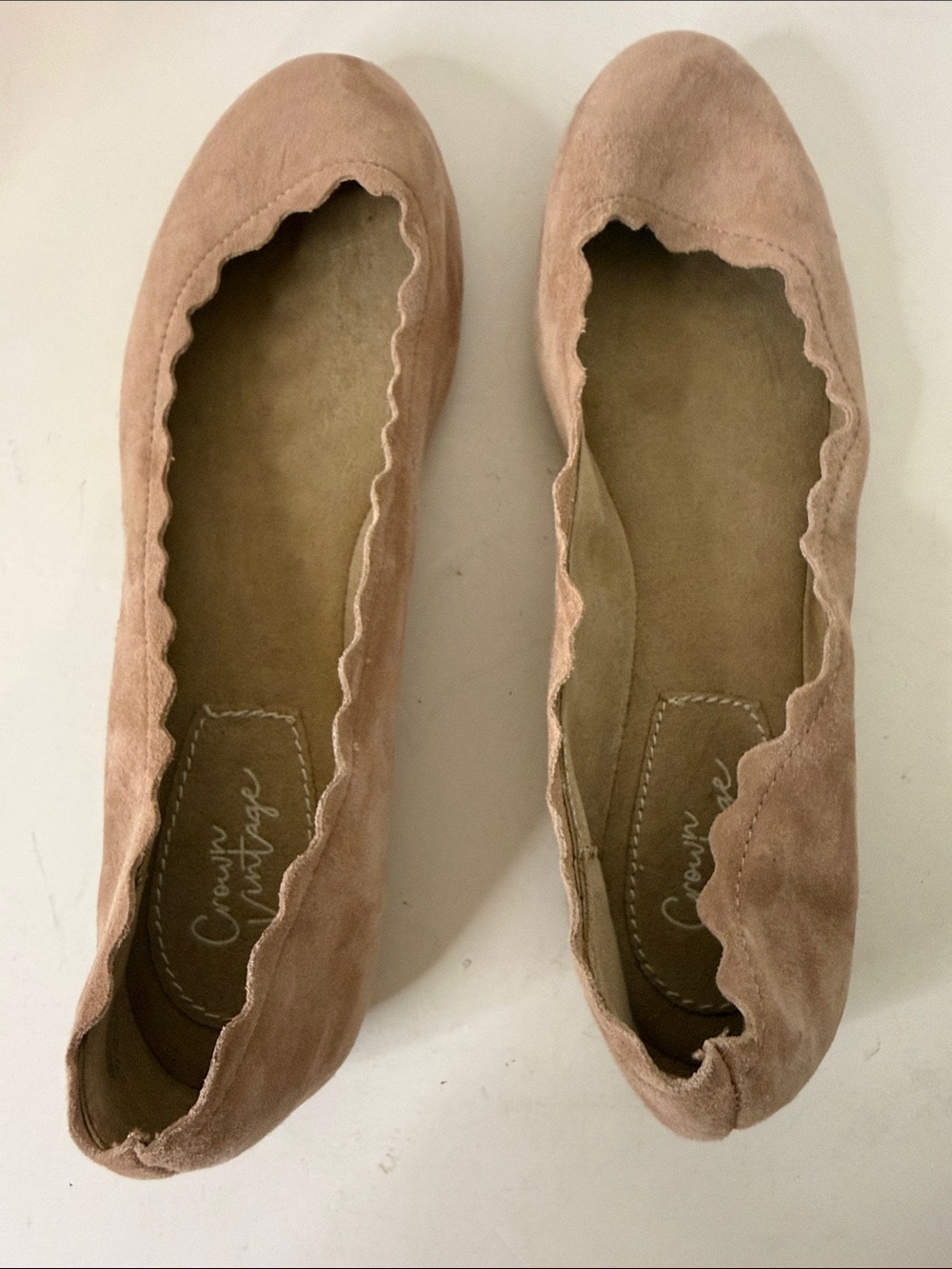 Crown Vintage Scalloped Suede Ballet Flats in Blush Pink